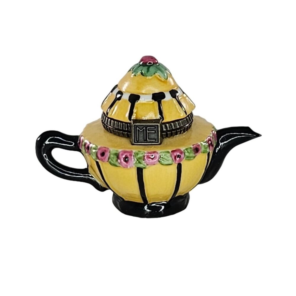Mary Engelbreit Mini Yellow Teapot Shaped Trinket Box Floral Hinged Lid Enesco